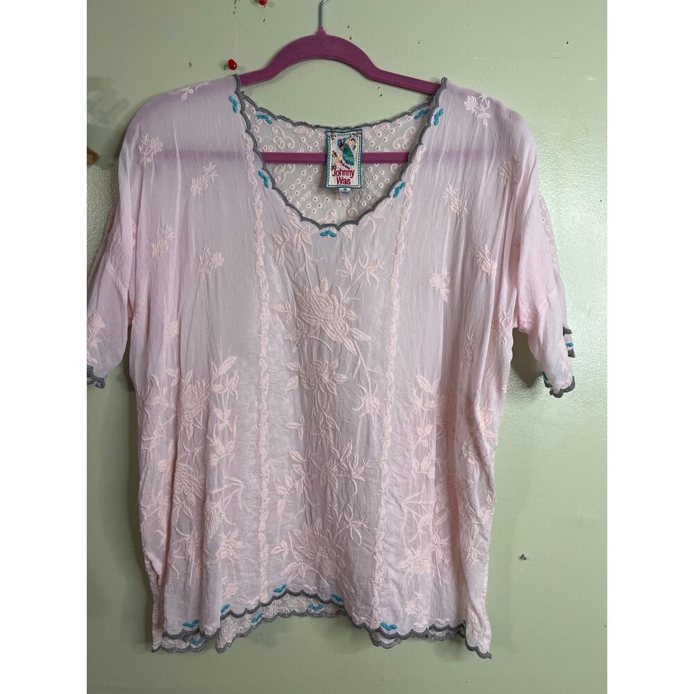 Johnny Was Lillian blouse pink sheer fabric, floral embroidery, eyelet, size XS - Picture 2 of 12